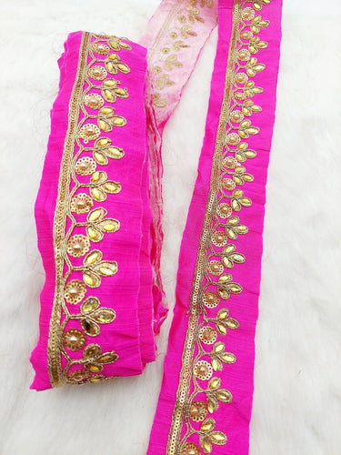 Fuchsia Pink Silk Fabric Lace Trim Floral Embroidery & Indian Stones Kundan Embellishment, Decorative Sari Trim, Floral Border Trim By Yard